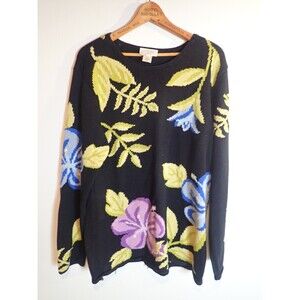 Belle Isle Vintage Sweater Black Floral Winter Relaxed Womens Large Boho